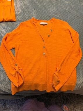 LOFT Orange V-Neck Button-Front Sweater